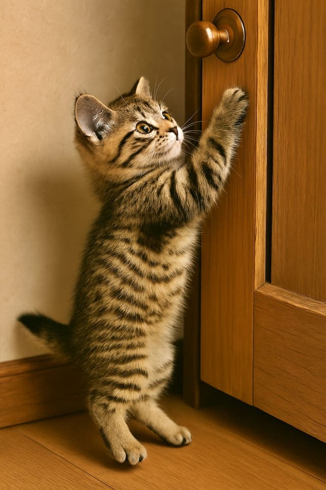 少し開いたドアを前足で押そうとする子猫(copilot)
