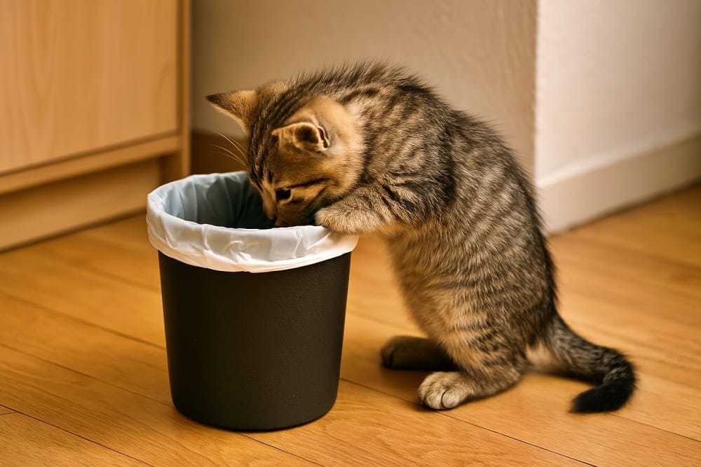 室内用の小さなゴミ箱をのぞき込む子猫(copilot)