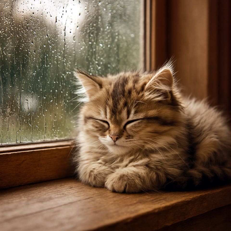 ふわふわの子猫が窓辺でうたた寝している、窓ガラスを雨粒が伝っている、柔らかな光、心地よい雰囲気(copilot)