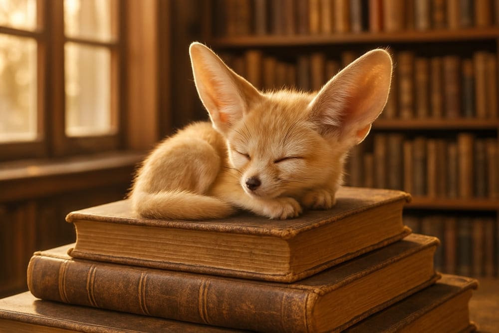 大きな耳を持つ小さなフェネックギツネの赤ちゃんが、静かな図書館で古い本が積まれた上で安らかに眠っている、窓から暖かい太陽光が差し込んでいる(copilot)