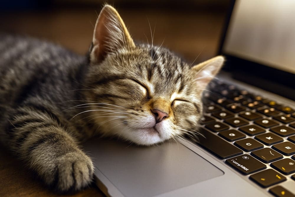 眠たい子猫が暖かいノートパソコンのキーボードの真横で寝落ちしている、頬がむぎゅっと潰れて、完全にリラックスしている（copilot）