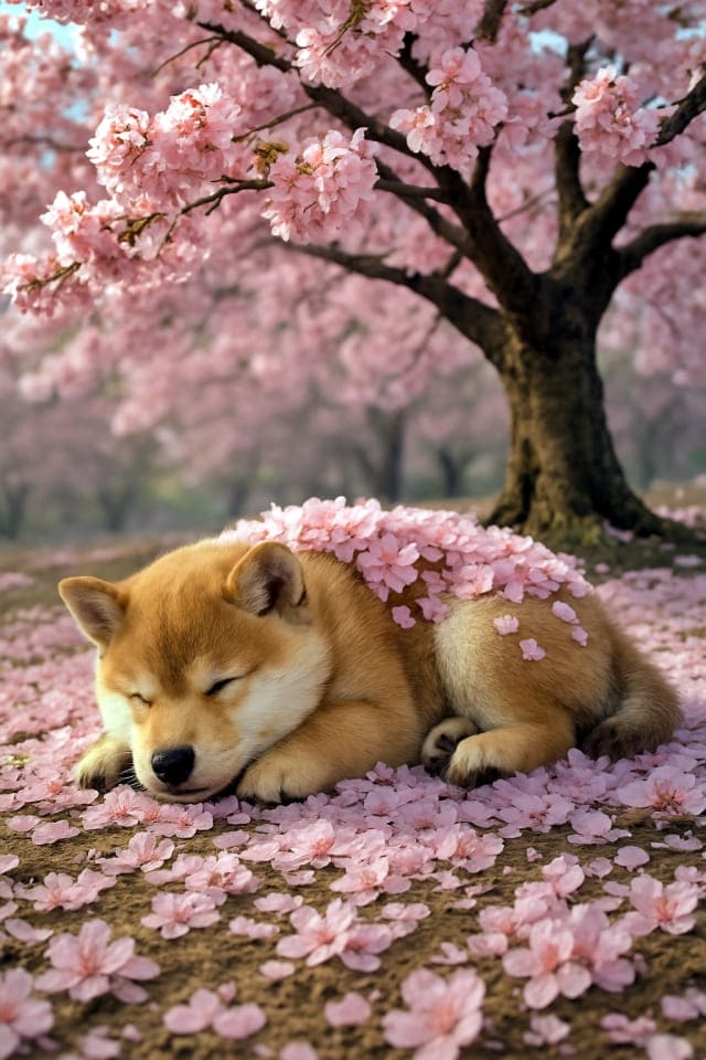 愛らしい柴犬の子犬が桜の木の下で眠っている、繊細なピンク色の花びらが毛布のようにその背中を覆っている(copilot)