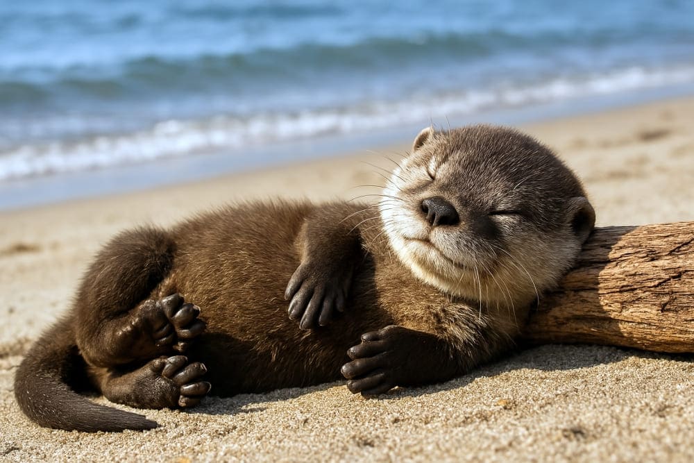 可愛いカワウソの赤ちゃんが砂浜で仰向けになって眠っている、流木を枕にしており、背景には穏やかな波(copilot)