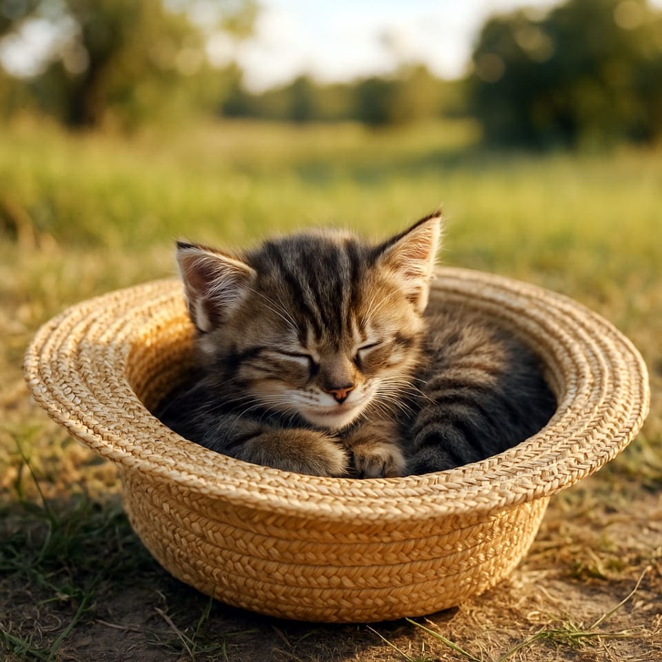 小さな子猫が麦わら帽子の中で丸くなっている、夏の午後の柔らかな光を浴びて(copilot)