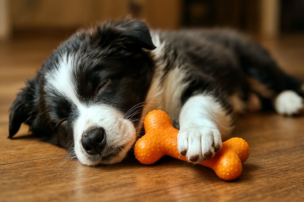 疲れ果てたボーダーコリーの子犬が床でぐっすり眠っている、お気に入りのキーキー鳴るおもちゃをまだ足で抱えたまま(copilot)