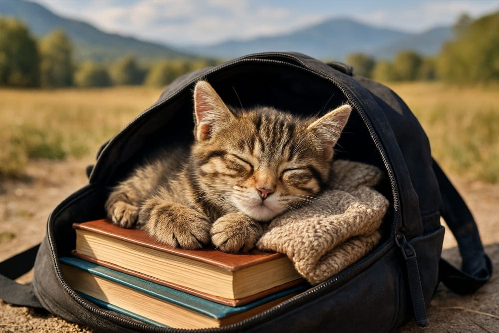 好奇心旺盛な子猫が、開いた飼い主のバックパックの中で、本やセーターに囲まれて寝てしまった(copilot)
