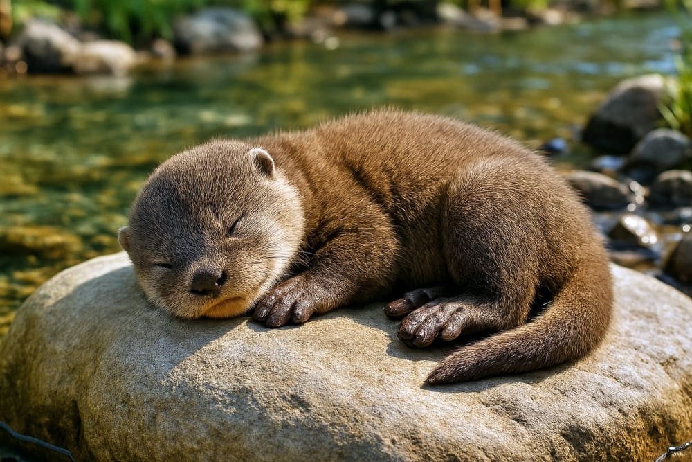 川のカワウソの赤ちゃんが、澄んだ小川のそばにある、太陽で暖められた滑らかな石の上で気持ちよさそうに眠っている(copilot)