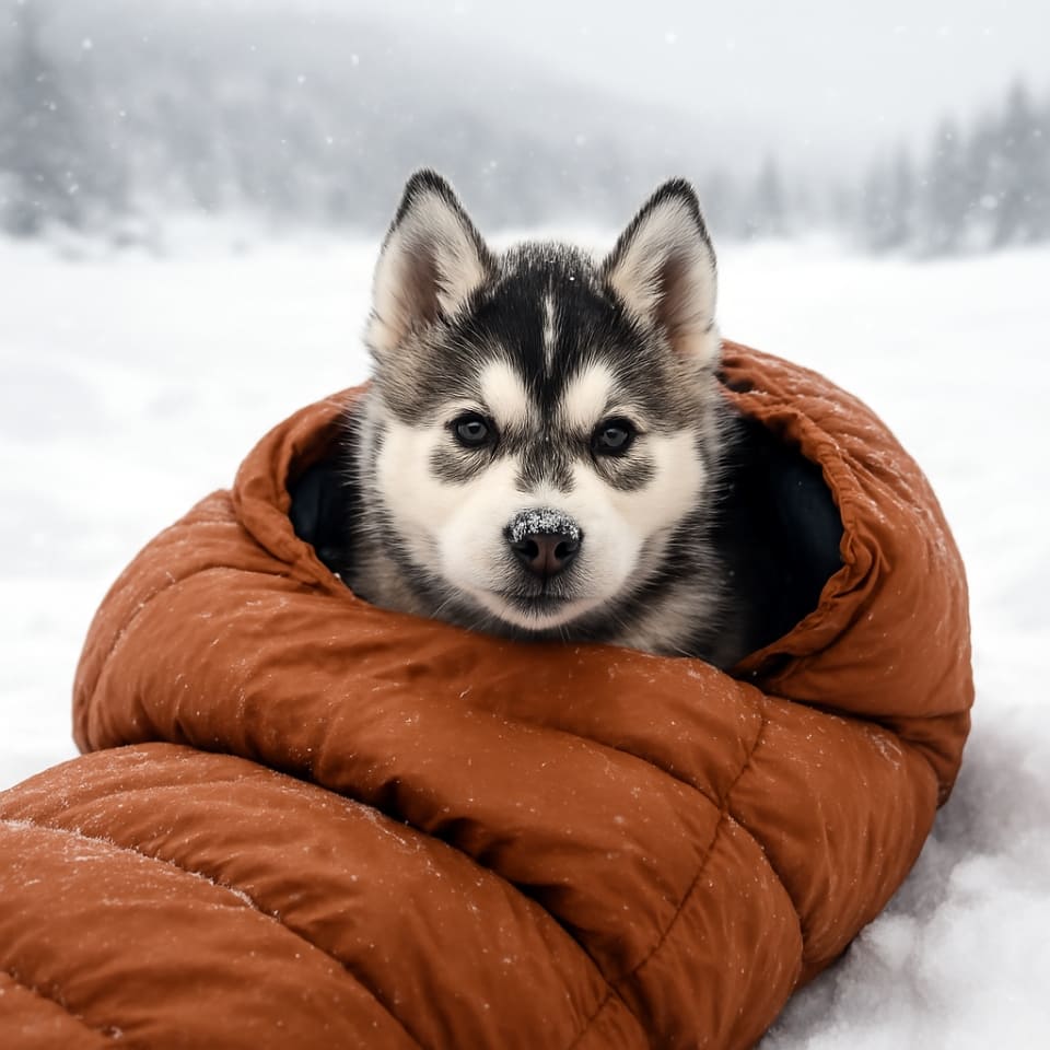 シベリアンハスキーの子犬が雪景色の中、暖かい寝袋から頭を覗かせている、鼻の上に雪の結晶(copilot)