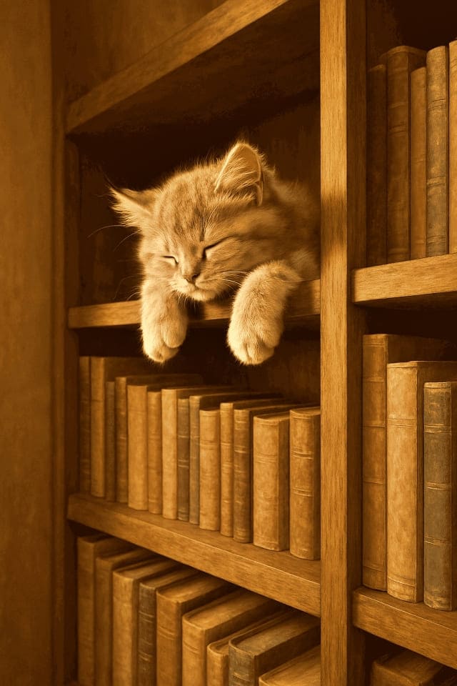 ふわふわの子猫が、背の高い本棚の一番上の棚の上で、今にも落ちそうなバランスでうたた寝している(copilot)