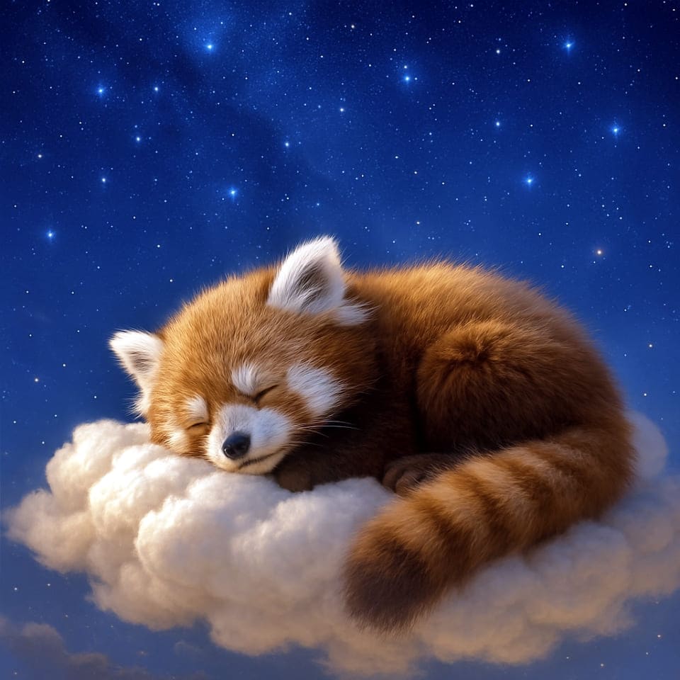 ふわふわのレッサーパンダの赤ちゃんが、まるで夢の中にいるかのように、柔らかく光る雲の上で眠っている、背景には星空(copilot)
