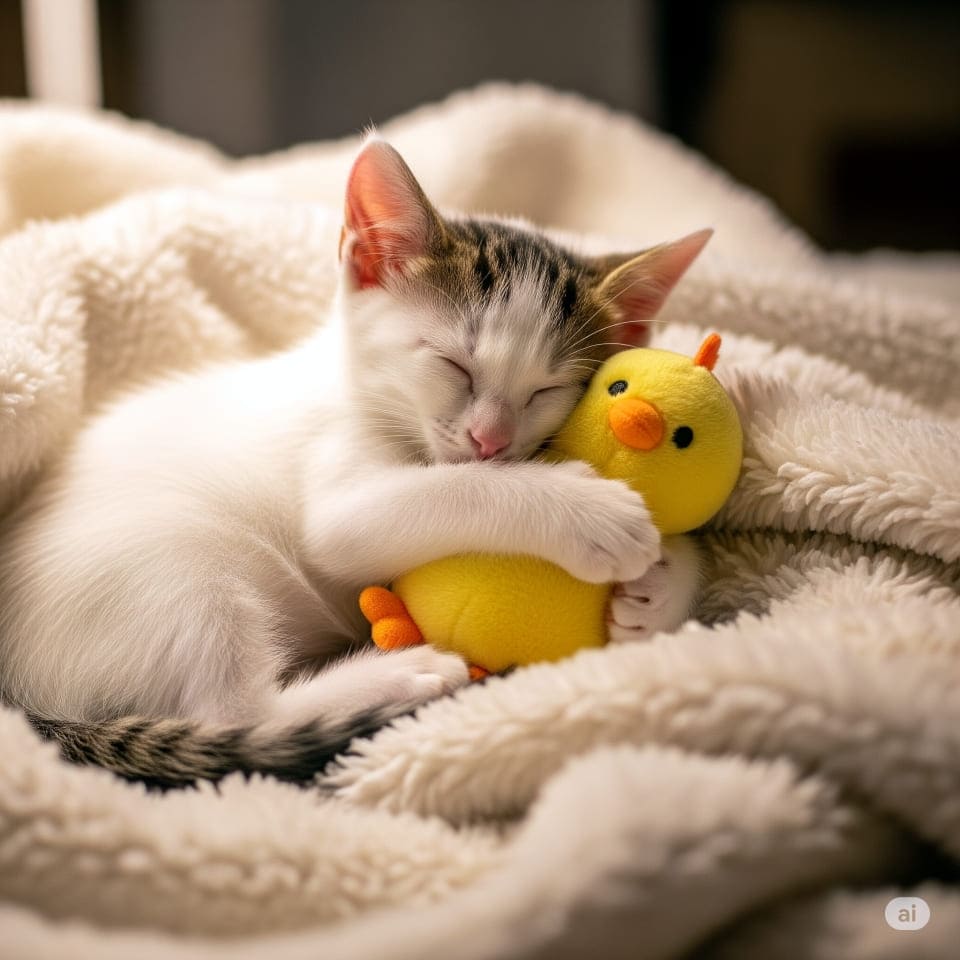 ぬいぐるみに抱きついて眠る子猫。ふわふわのブランケットの上で、そばのランプの柔らかい光が照らす。可愛くて心温まる雰囲気