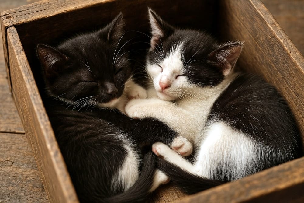 白黒バイカラーの子猫2匹が、古い木箱の中で丸まって一緒に眠っている(copilot)