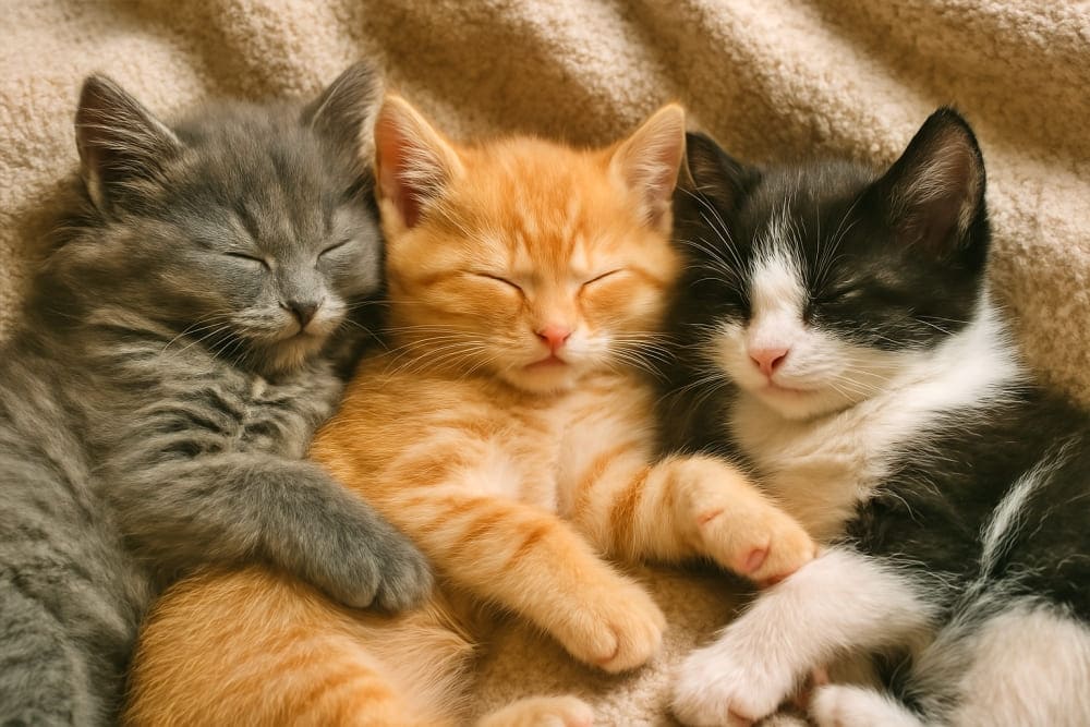 生後2ヶ月の子猫3匹が、毛布の上で寄り添って眠っている、様々な毛の色(copilot)