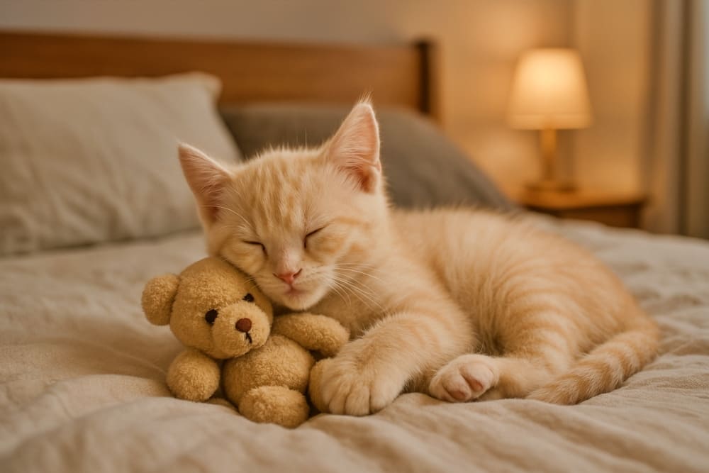 クリーム色の子猫が、お気に入りのぬいぐるみと一緒にベッドの上で眠っている（copilot）