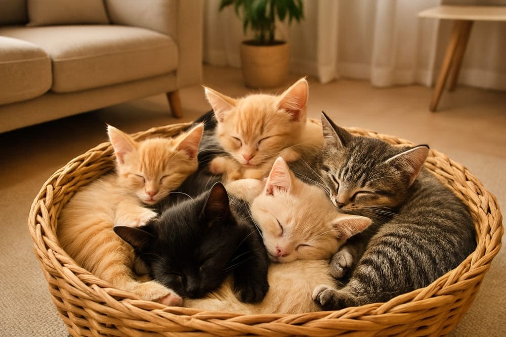 様々な毛色の5匹の子猫たちが、大きなバスケットの中で絡み合うようにして眠っている(copilot)