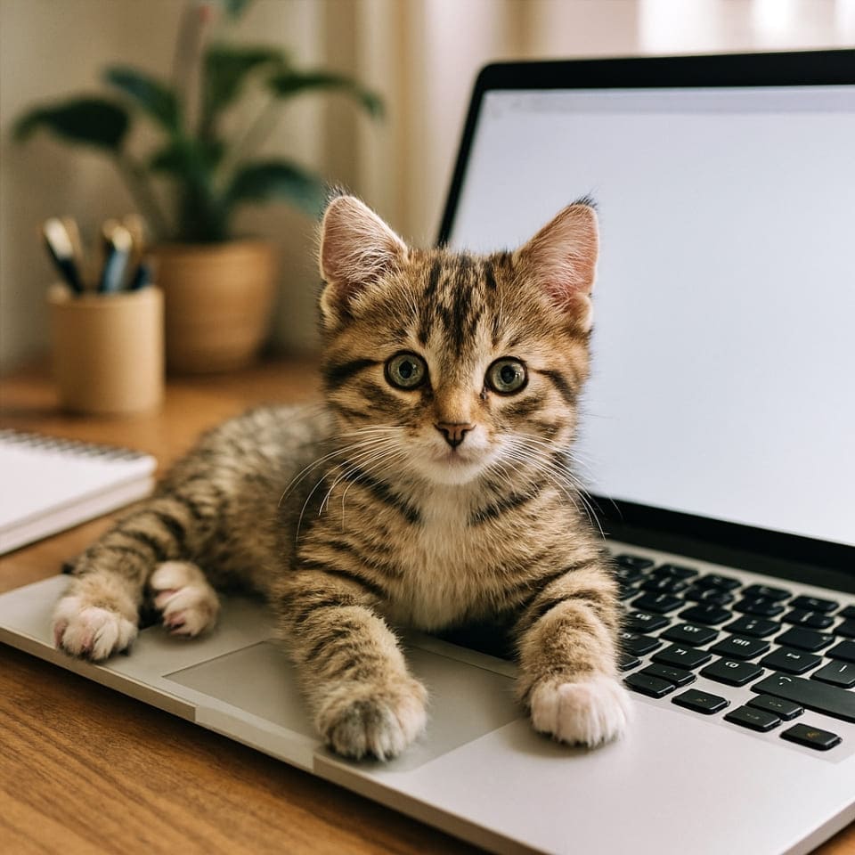まるで仕事中のようにノートパソコンのキーボードにぺたっと寝転んでいるかわいい子猫、好奇心いっぱいの目でカメラを見ている（copilot）