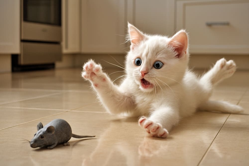 光沢のあるキッチンの床を滑る白い子猫、小さなゴム製のネズミのおもちゃを追いかけて前足を広げている。驚いた表情(copilot)