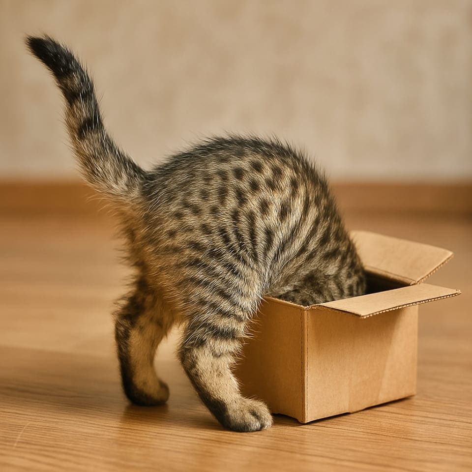 小さな段ボール箱に体を入れようとする好奇心旺盛な子猫、頭と肩まで中に入り、後ろ足だけが外に見えている（copilot）