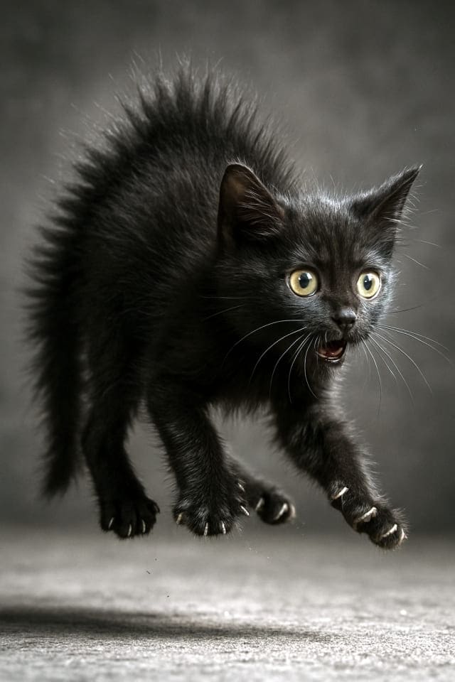 黒い子猫が大きな音に驚いて目を大きく見開き、毛を逆立て、宙に飛び上がっている(copilot)