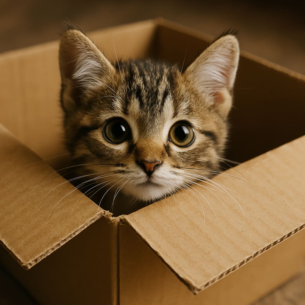 段ボール箱から顔をのぞかせるかわいい子猫（copilot）