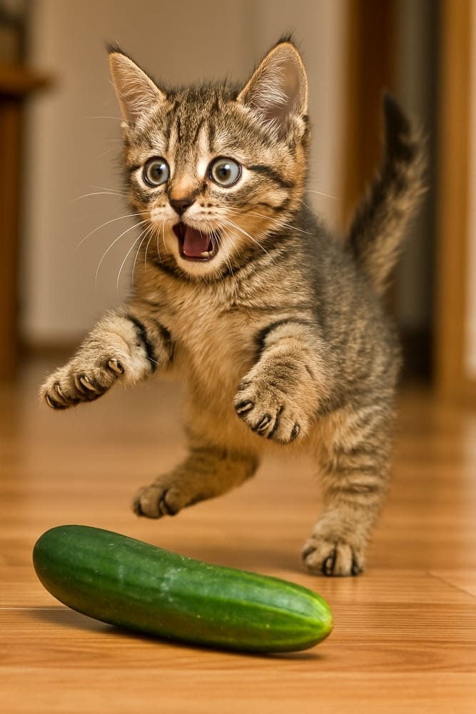 置かれたキュウリにびっくりして飛び上がる子猫(copilot)
