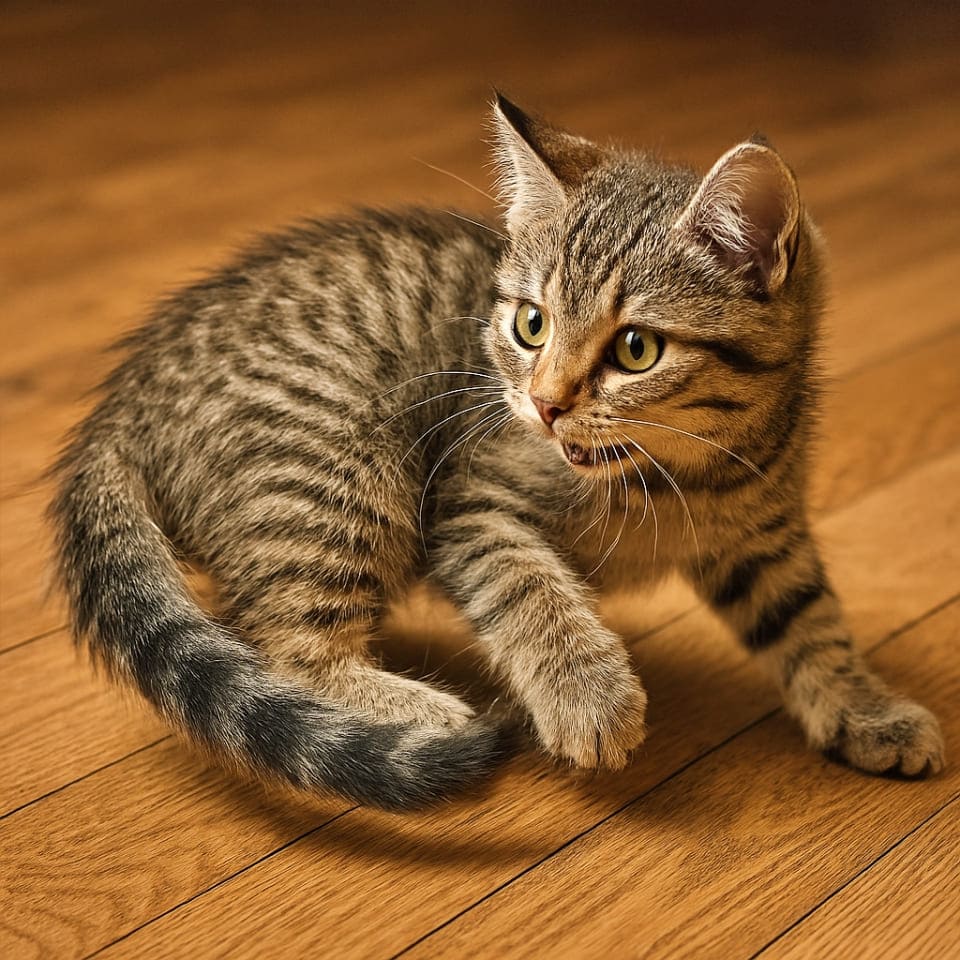 木の床で自分のしっぽを追いかけてクルクル回る子猫(copilot)