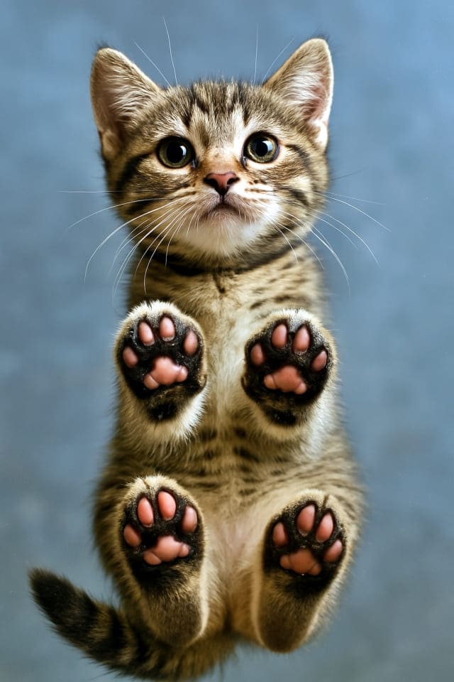 ガラステーブルの上に乗っている子猫を下から撮影、肉球がガラスにぷにっと押し付けられている(copilot)
