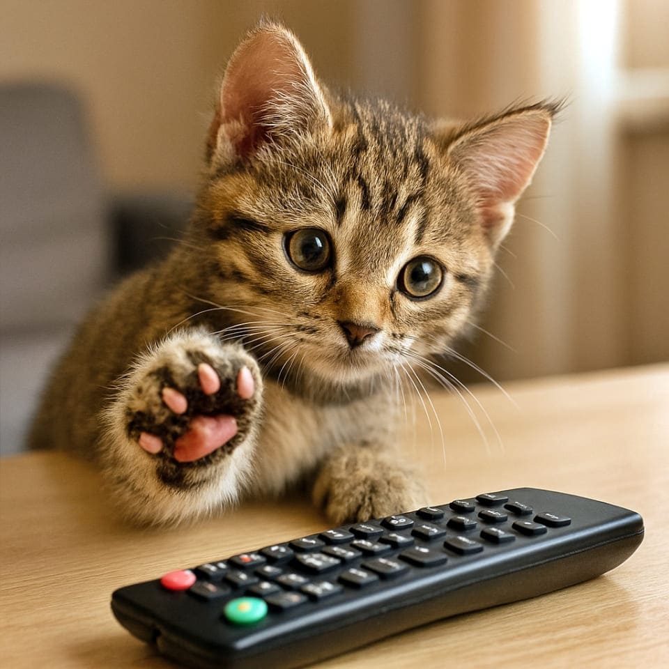子猫がテレビのリモコンに前足で触ろうとしており、ピンク色の肉球が上を向いている。好奇心いっぱいの表情(copilot)