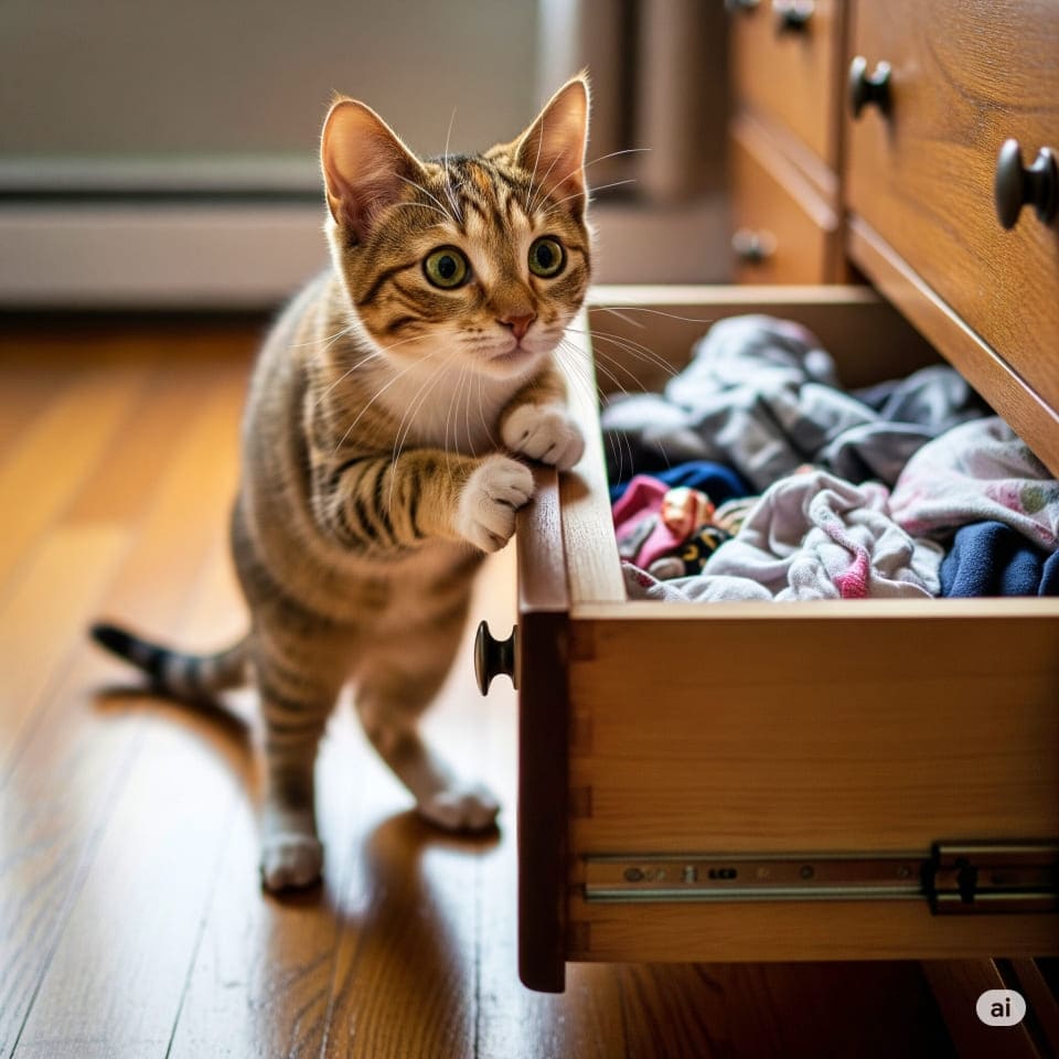 開けっぱなしの引き出しをのぞく子猫。前足をかけて覗き込むポーズ