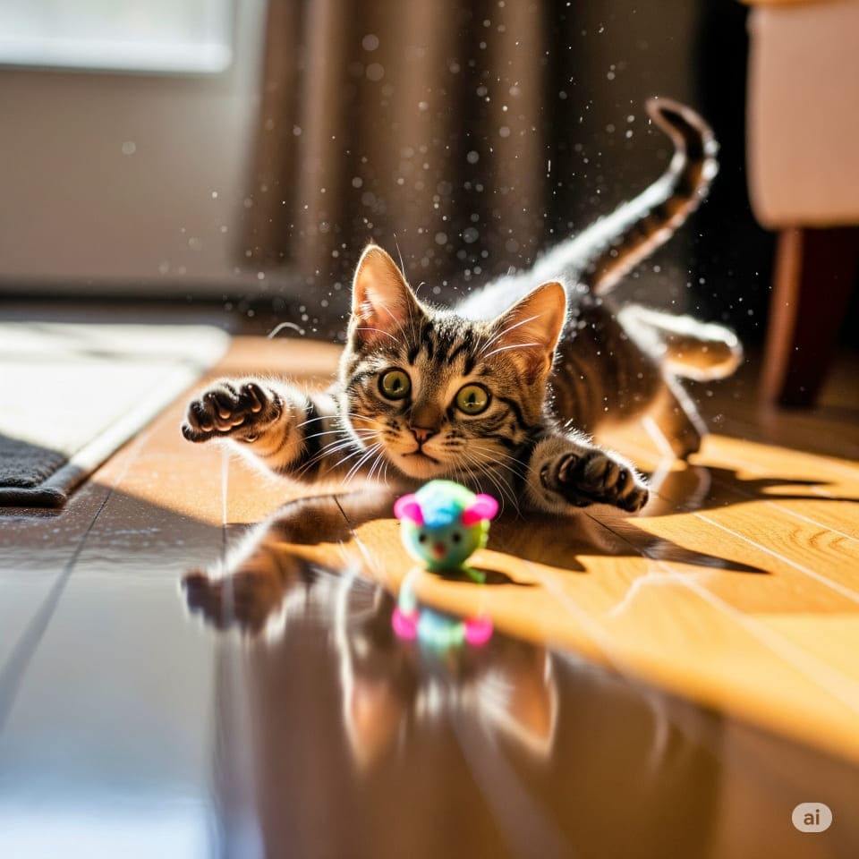 おもちゃを追いかけすぎて、木の床で滑ってしまう子猫。足を広げて止まろうとする様子