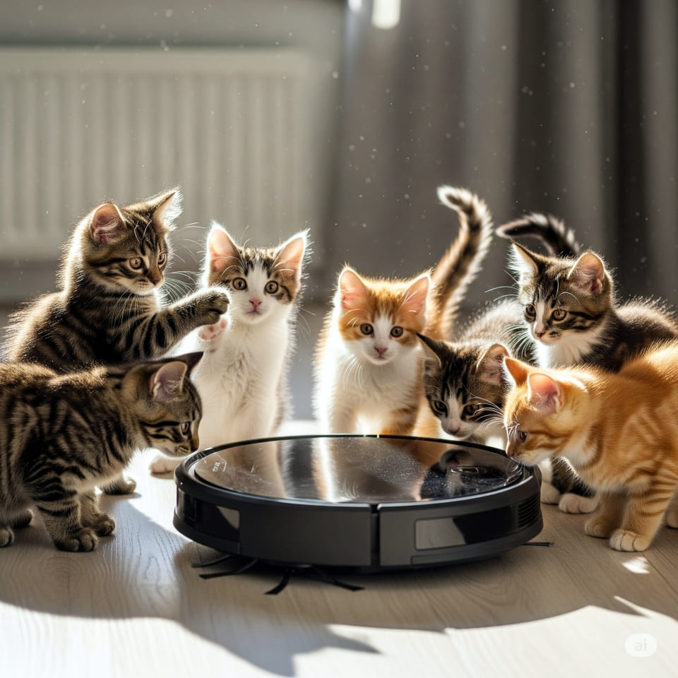 ロボット掃除機に興味津々で取り囲む7匹の子猫。動いた瞬間にびくっと飛びのく姿が面白い