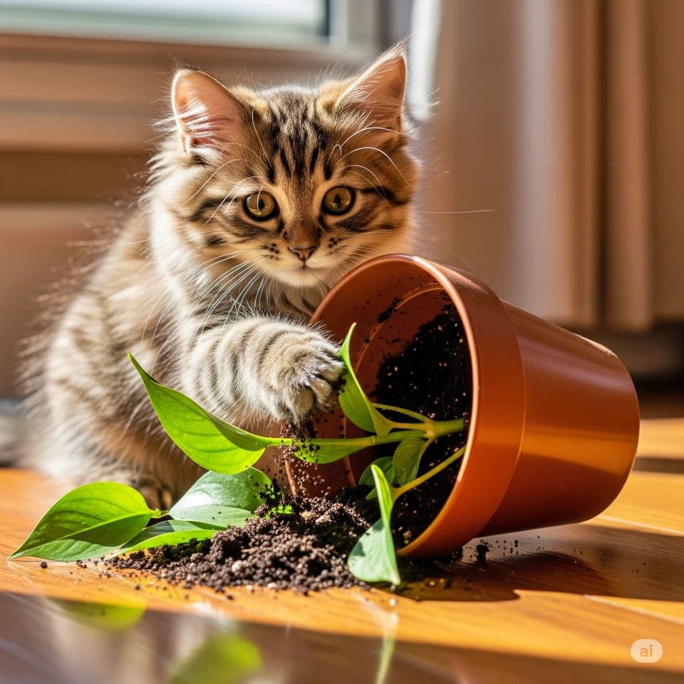 観葉植物を倒して土をぶちまけてしまい、飛びかかった姿勢のまま目を丸くする子猫