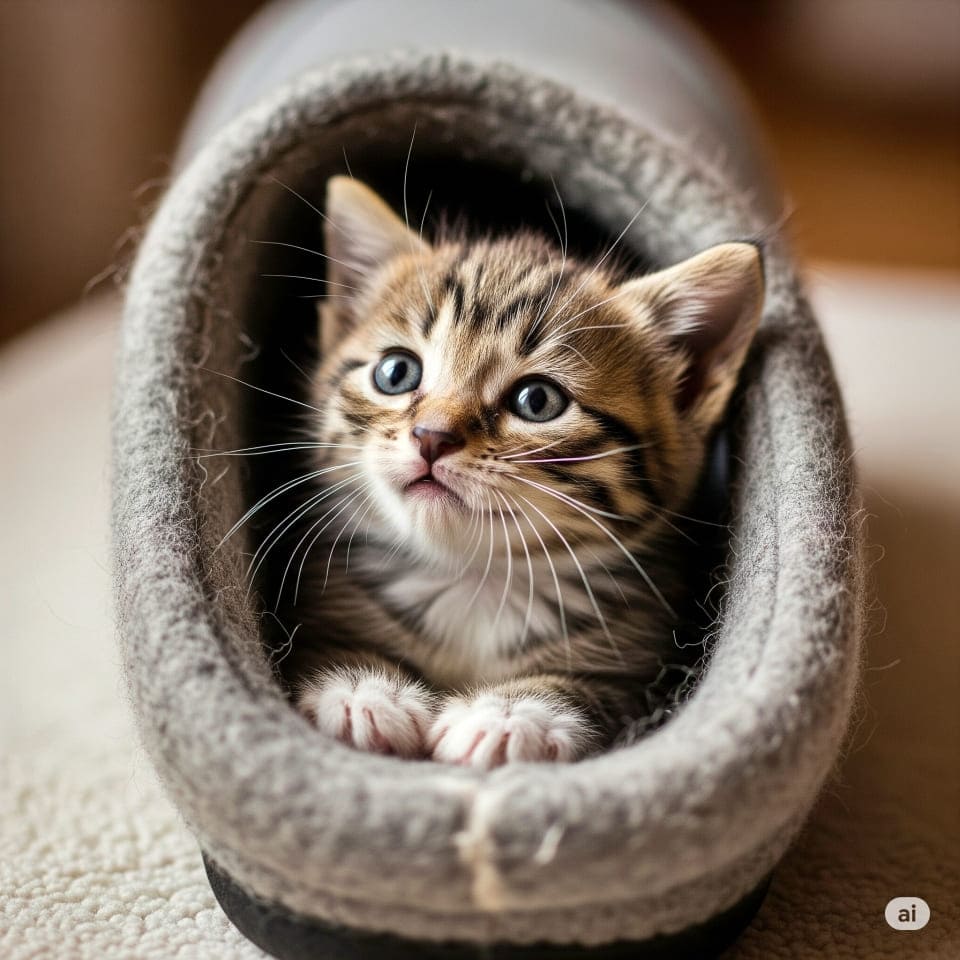 スリッパの中に入ってちょこんと座る子猫