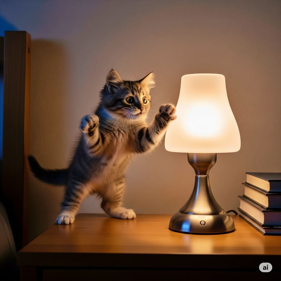 タッチランプに触れてしまい、突然明かりがついてびっくりジャンプする子猫