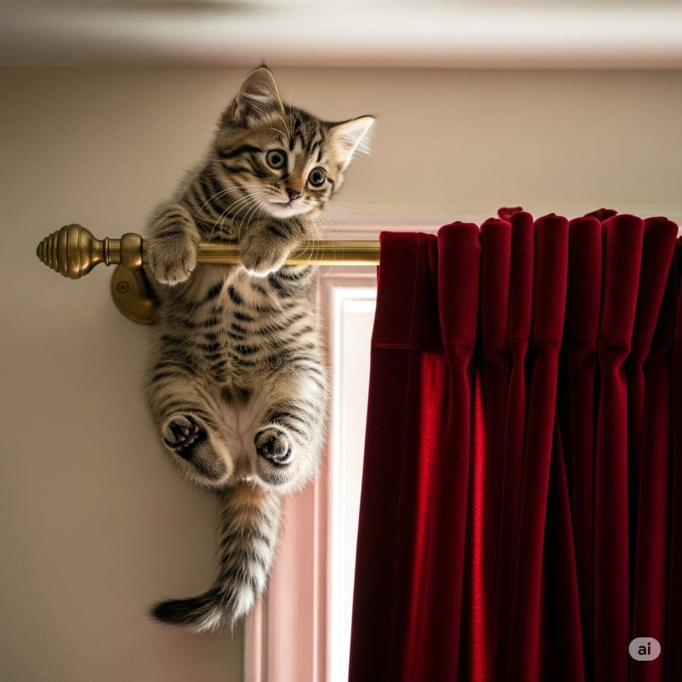 カーテンレールの上に登ってしまい、降りられず困っている子猫