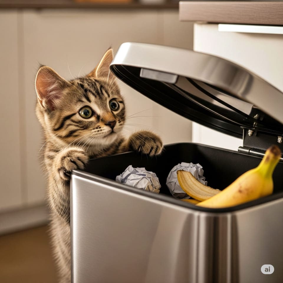 室内用の小さなゴミ箱をのぞき込む子猫
