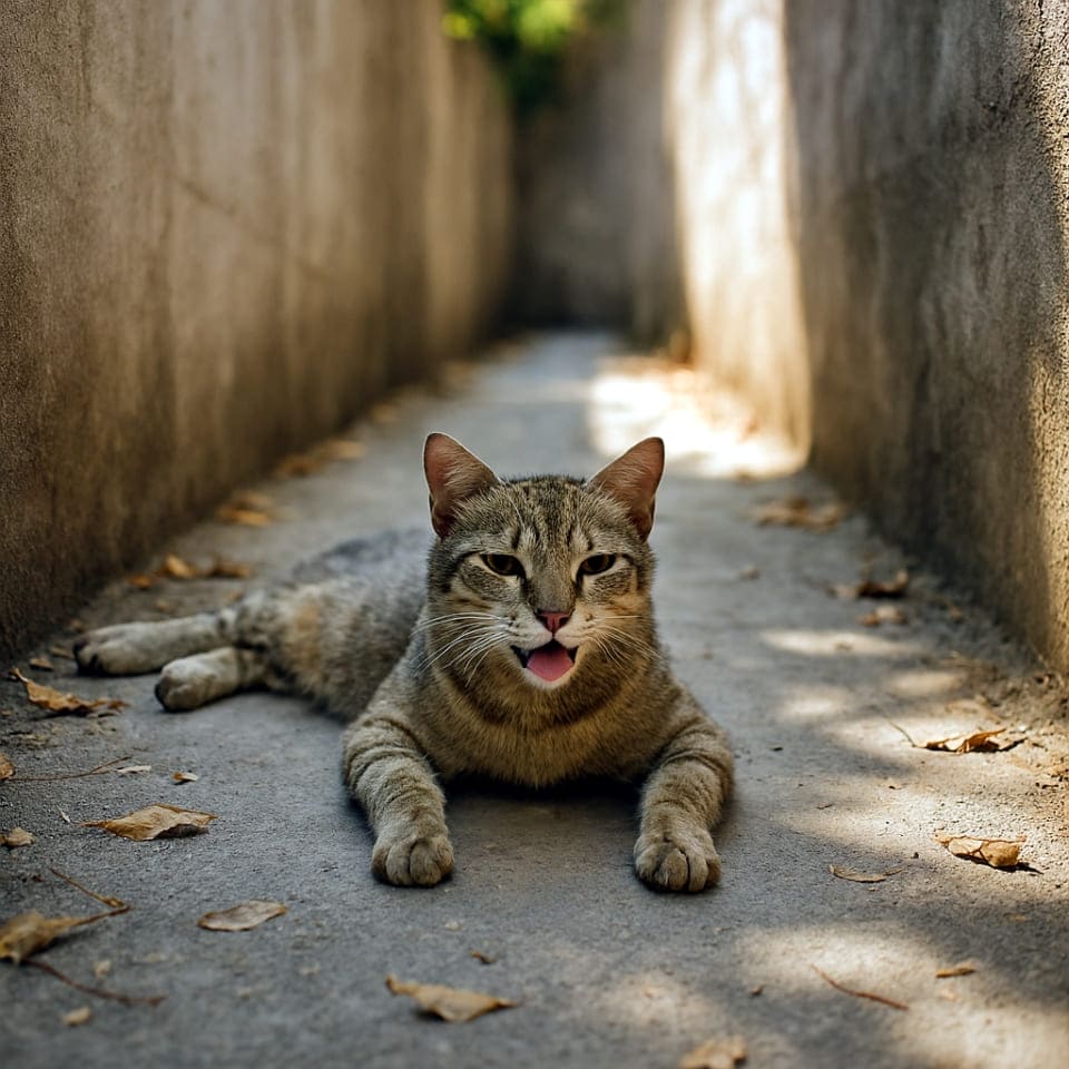 猛暑の夏の日、路地裏の細い日陰にぺたんと寝そべる野良猫。少し口を開けてハアハアと息をしている