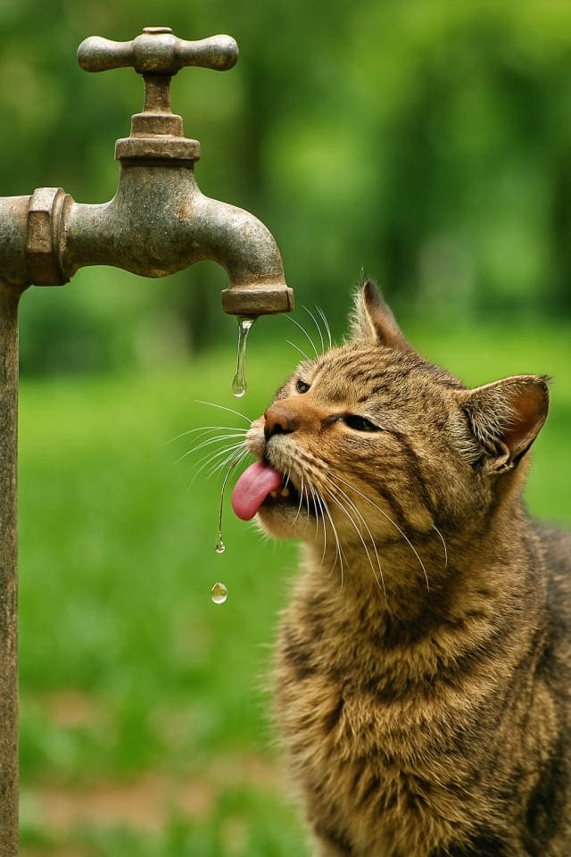 公園の水道の蛇口から垂れる水を、一生懸命舌を伸ばしてなめようとする野良猫。水のしずくが落ちる瞬間を捉えた構図