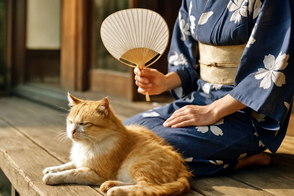 うちわを使う浴衣姿の人のそばで、風を受けながらくつろぐ野良猫。風で毛がふわりと揺れている