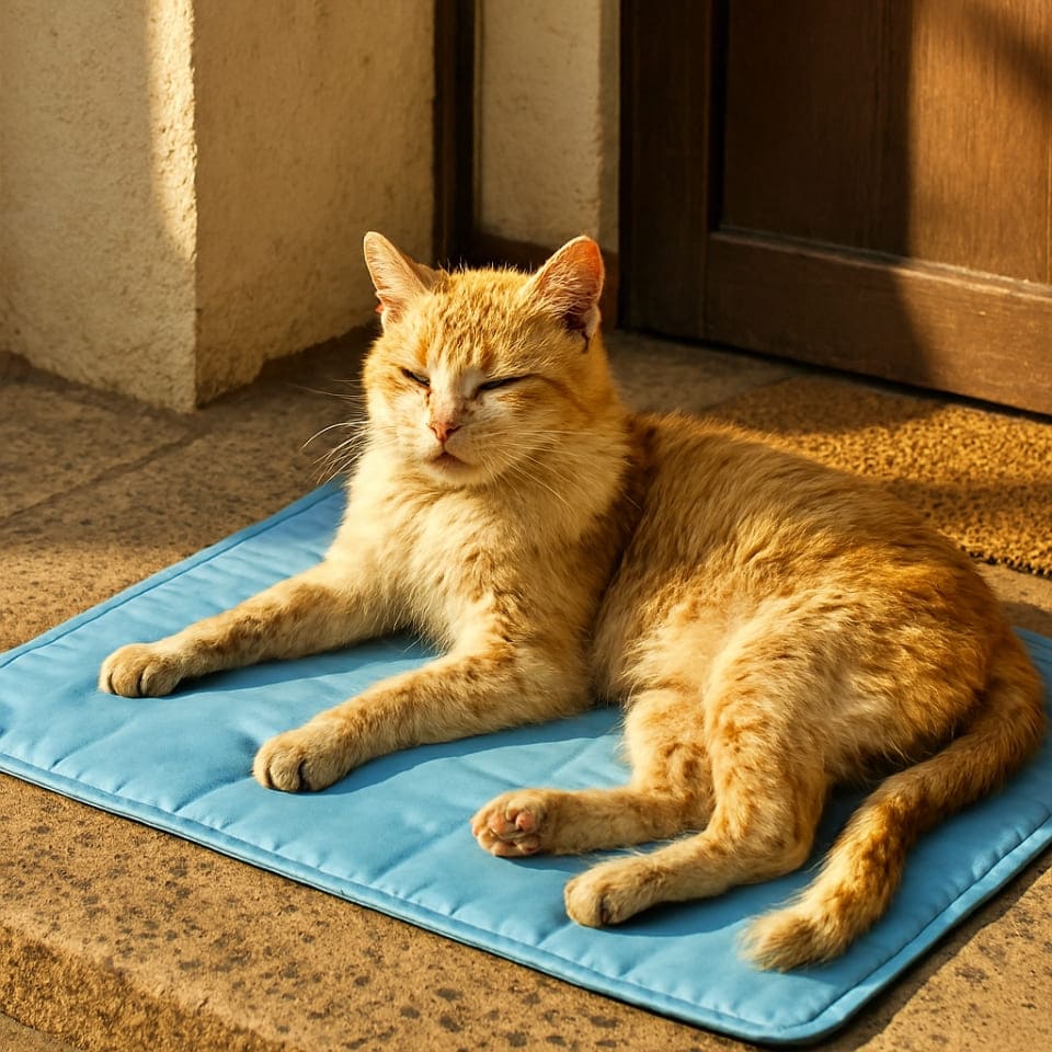 家の玄関に置かれた冷感マットの上で、満足そうにうたた寝している野良猫