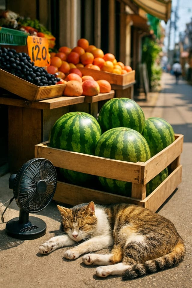 果物屋の店先、スイカが入った木箱の隣で眠る野良猫。小型扇風機の風がそばから吹いている。夏の商店街の風景、リアル写真風