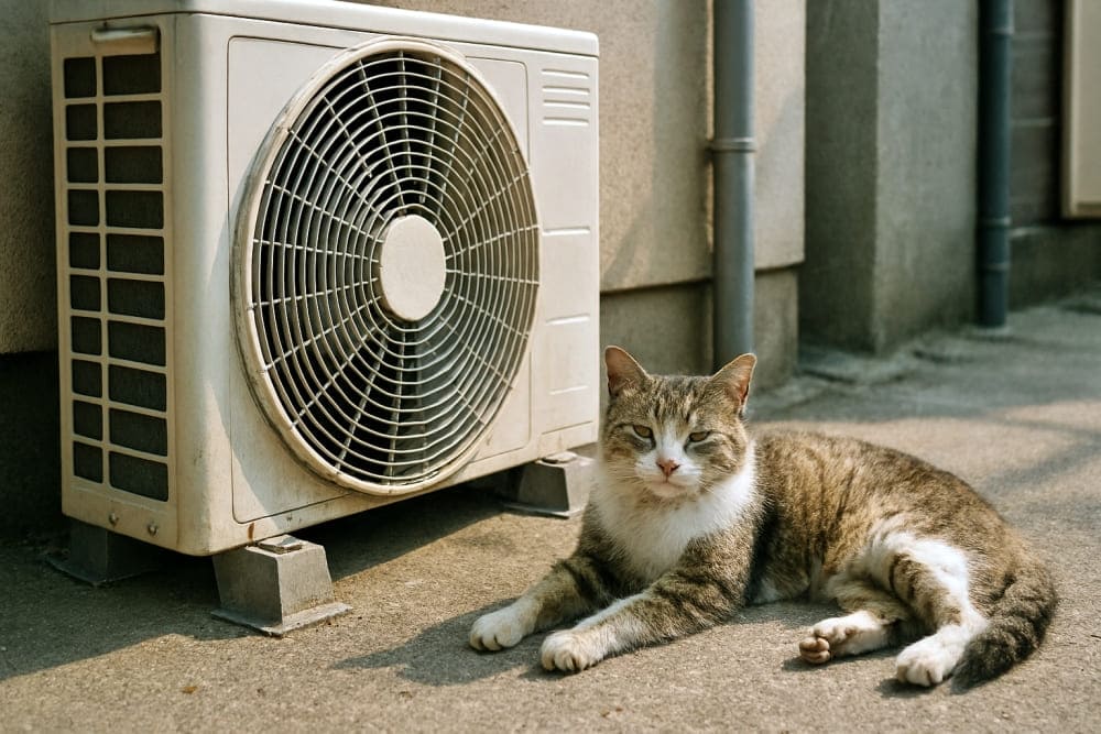 住宅街のエアコン室外機のそばで、日陰に入って涼む野良猫