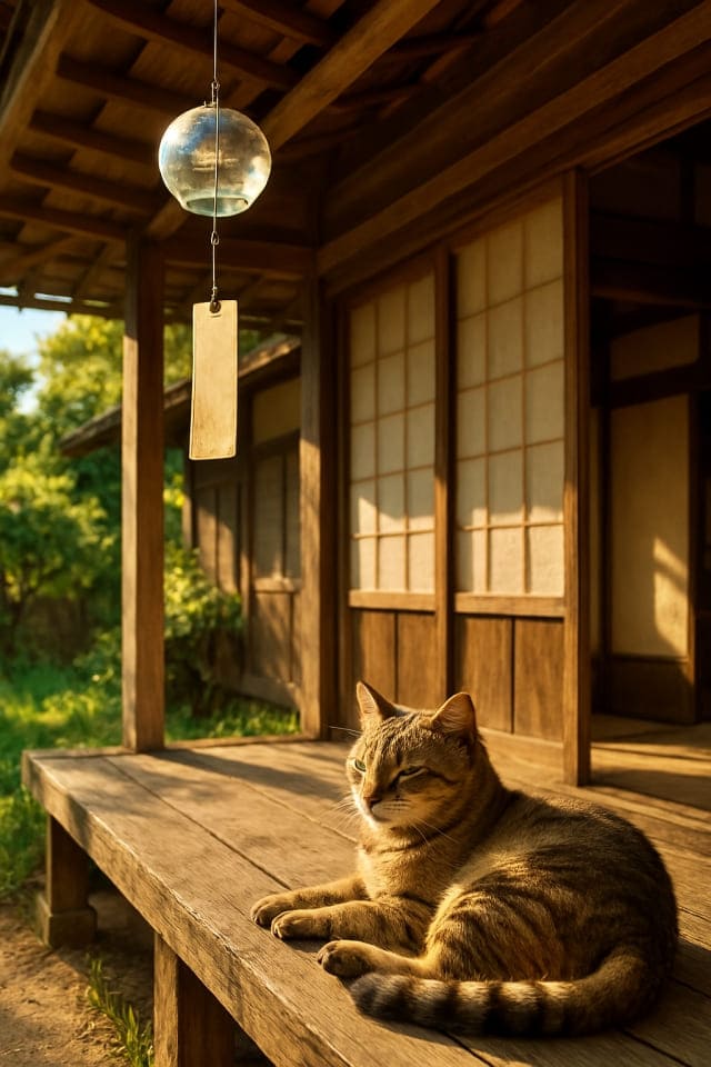 風鈴が揺れる木造の縁側で、静かにくつろぐ野良猫。しっぽを丸め、夏の光に包まれている