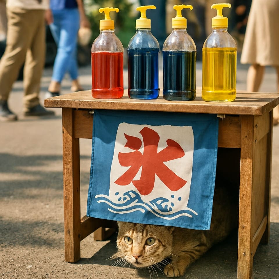 夏祭りのかき氷屋台の下から顔を出す野良猫。上には色とりどりのシロップボトル、人々が歩いている足元が映る