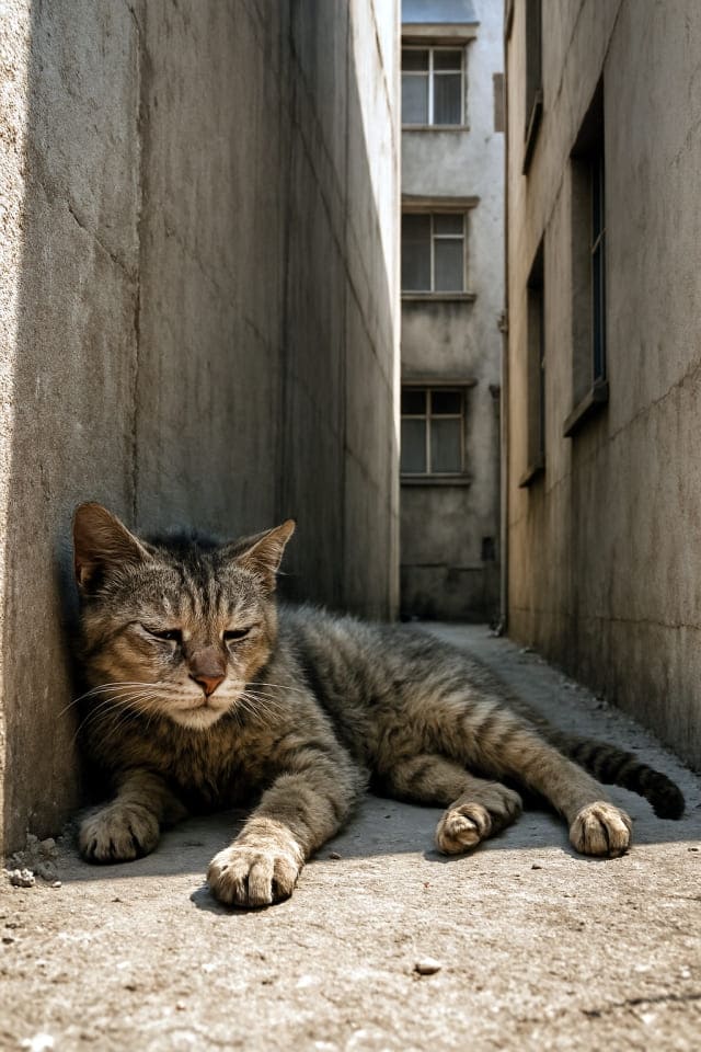 団地の建物と建物の間のわずかな日陰に身を寄せ、ぐったりとしている野良猫