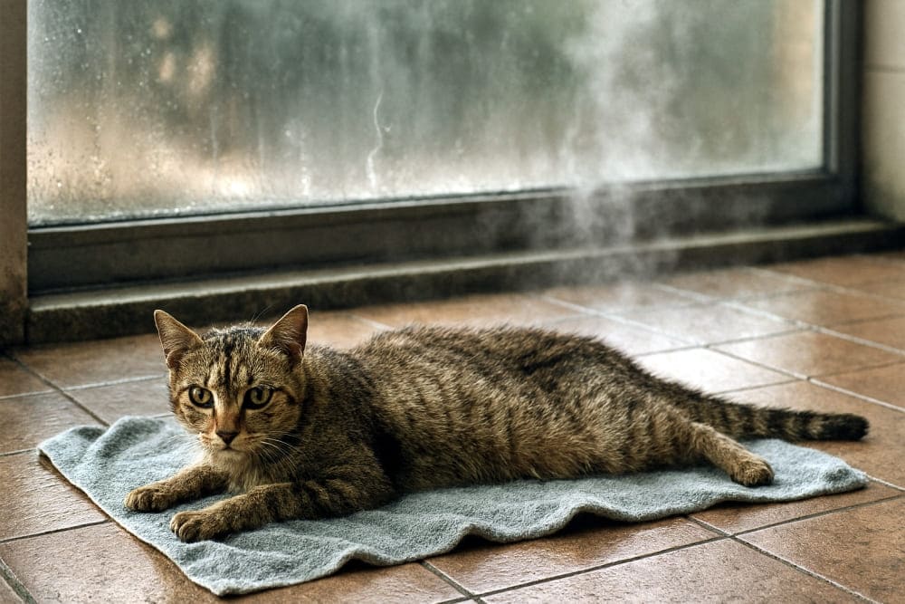 タイルの床に敷かれた濡れタオルの上に、うつ伏せでのびる野良猫