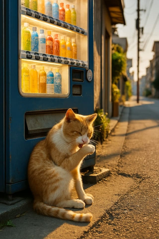 自動販売機の陰に入り、前足をなめながら涼んでいる野良猫