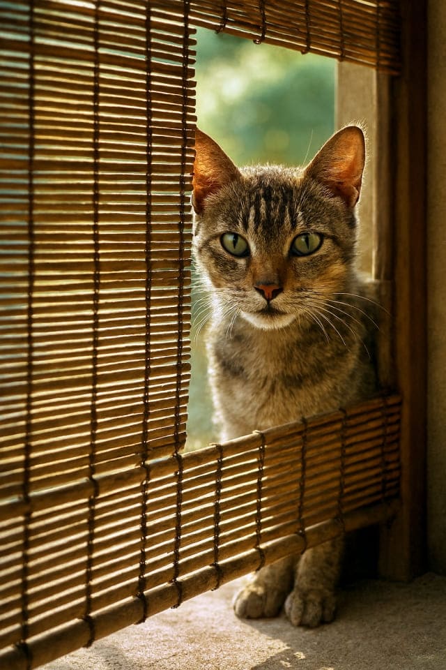 すだれの向こうからこちらをうかがう野良猫