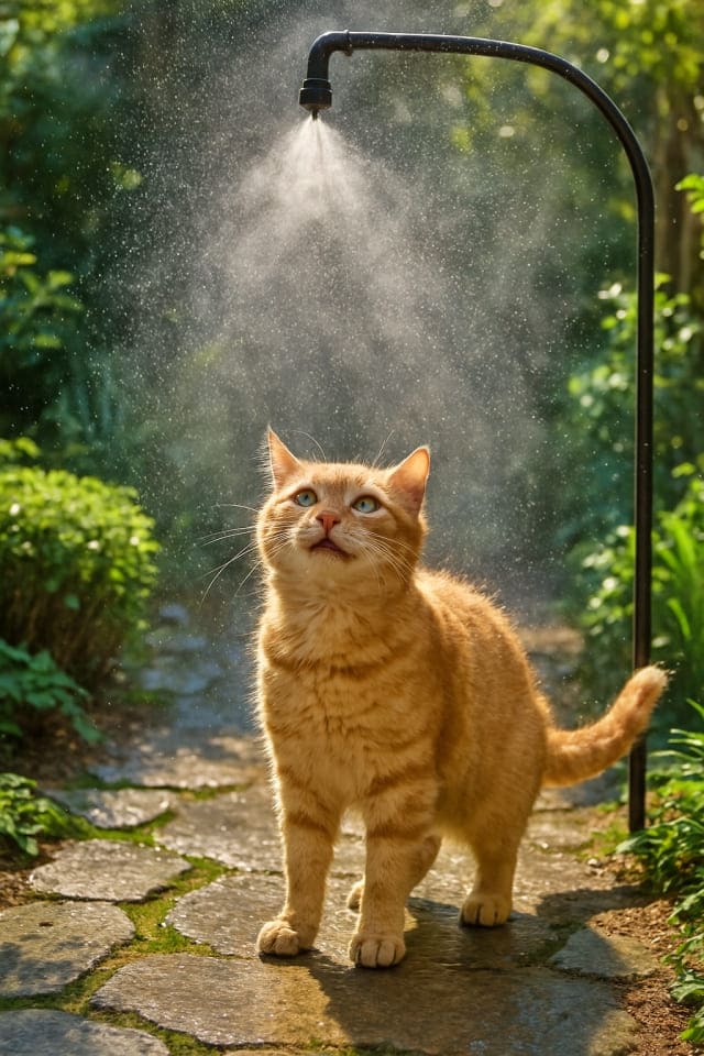 庭のミストシャワーの下に立つ野良猫。空気中には水しぶきが舞い、猫は気持ちよさそうな表情
