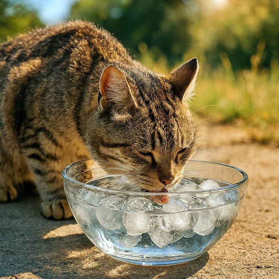 氷が入った器に顔を突っ込んで水をなめている野良猫